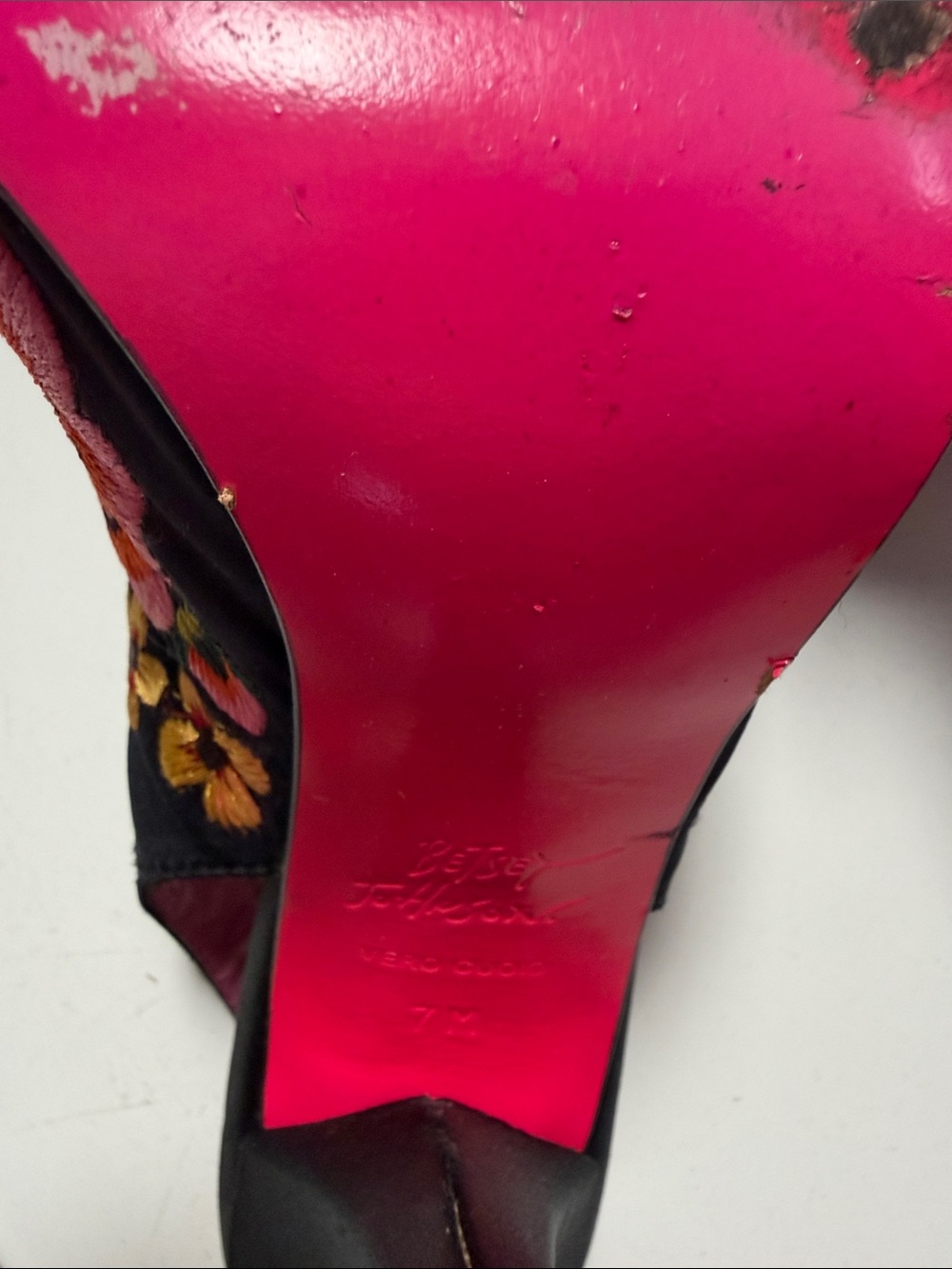 Betsey Johnson Black Embroidered Peep-Toe Heels with Pink Lining - Picture 6 of 7